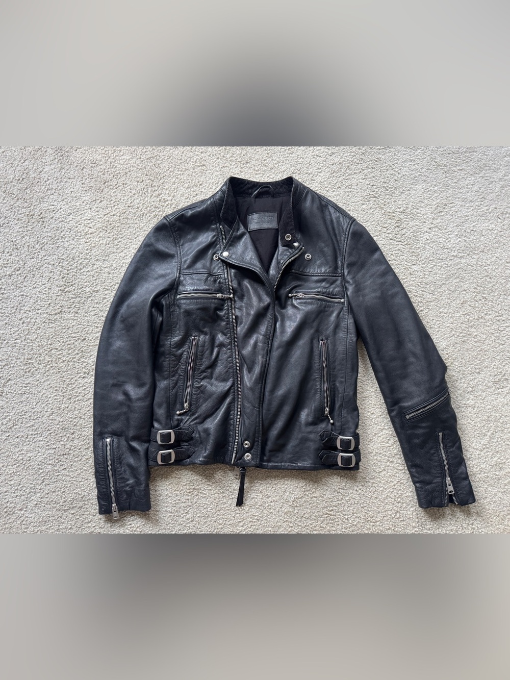 ALL SAINTS Women's Black Lamb Leather Biker Jacket Corduroy Collar Size XS/S